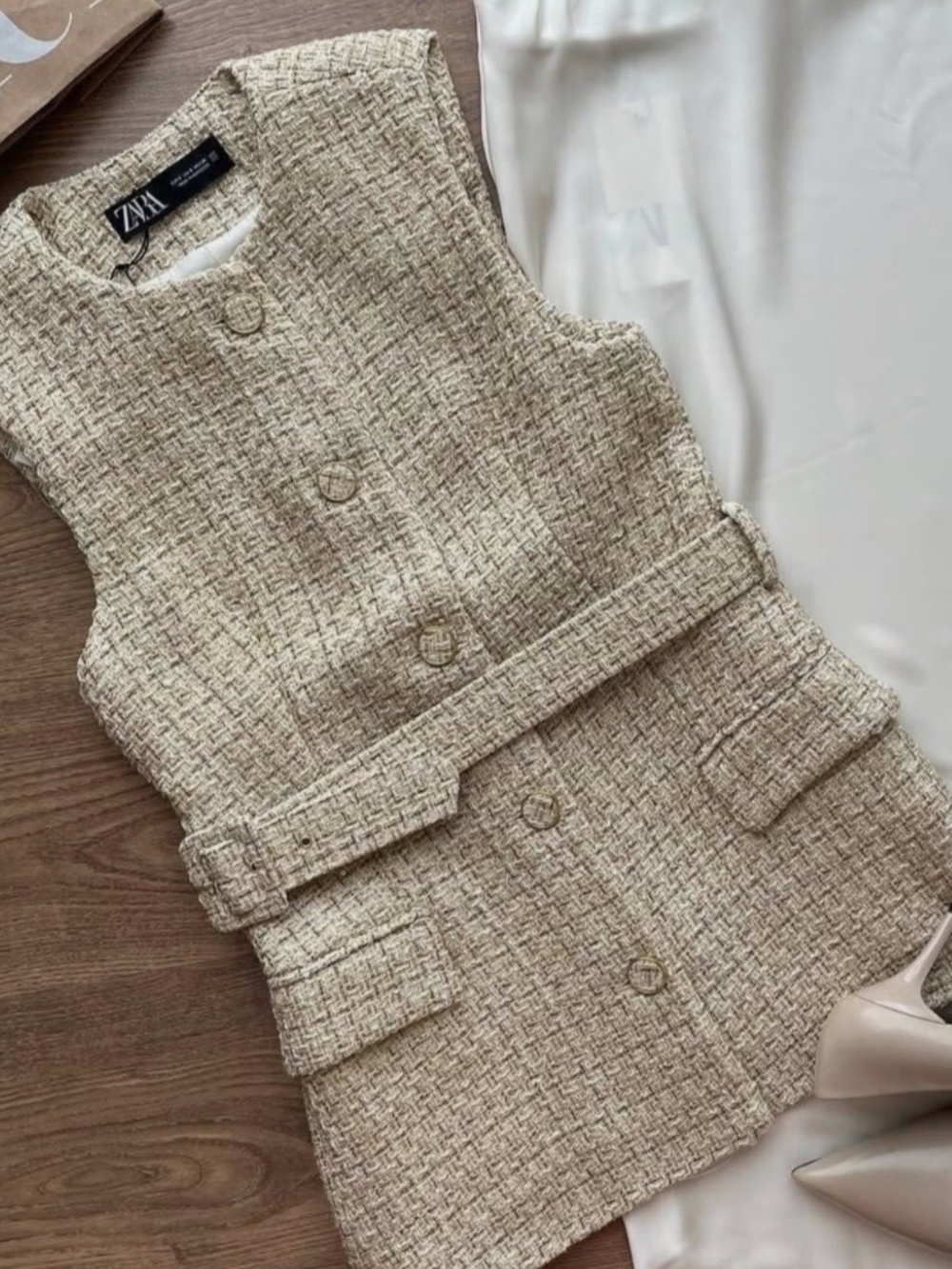 Zara Women's Textured Tweed Waist Coat Belt Long Vest Size M Blogger Fav - Picture 7 of 8